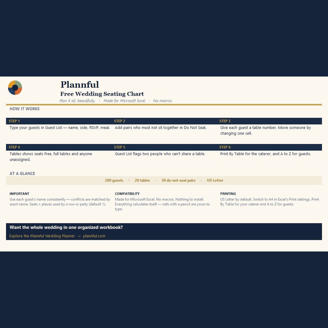 The Start Here sheet of the free wedding seating chart in Microsoft Excel