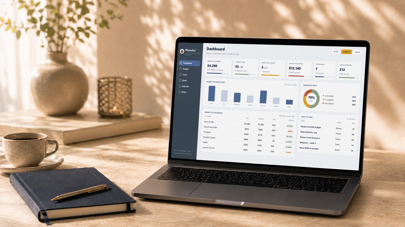 A laptop on a soft, sunlit desk showing the Plannful wedding planner dashboard in Microsoft Excel, with a navy notebook and plant nearby