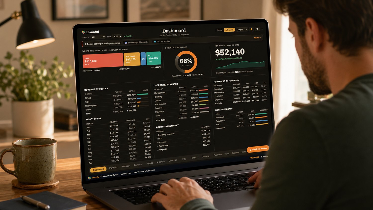 A host reviewing her rental finance dashboard on a desktop Mac