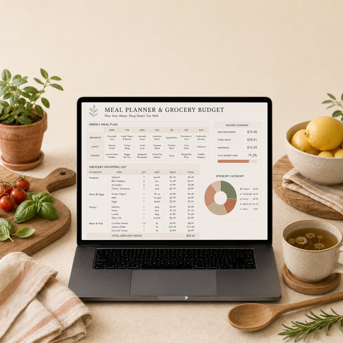 Meal Planner & Grocery Budget spreadsheet template preview