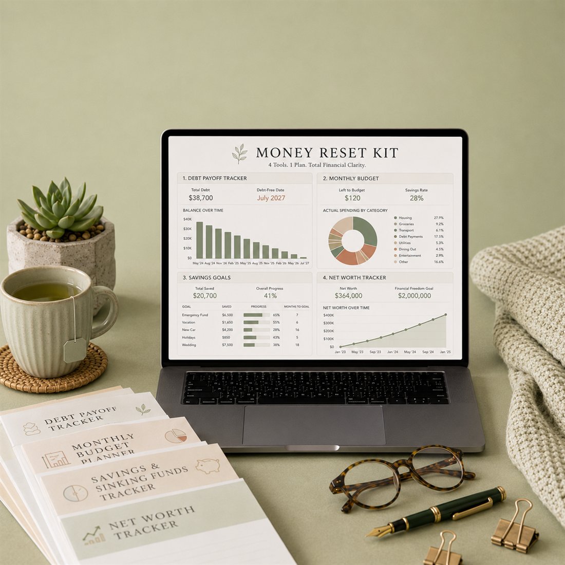 Money Reset Kit spreadsheet on a laptop