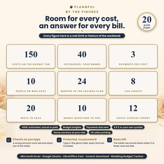 Wedding budget spreadsheet by the figures: 150 costs, 40 categories, 3 payments per cost, 10 people on Who Pays, 24 months in the Savings Plan, 8 live charts, 20 ways to save, 10 money questions and 12 forgotten costs.