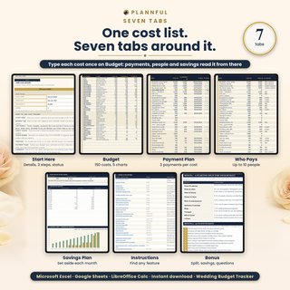 The 7 tabs of the wedding budget tracker in one grid: Start Here, Budget, Payment Plan, Who Pays, Savings Plan, Instructions and Bonus, each with a short caption.