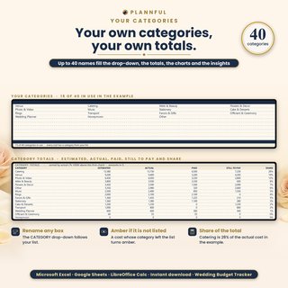 Your own wedding budget categories: up to 40 names that fill the category drop-down, with the category totals table showing estimated, actual, paid, still to pay and share.