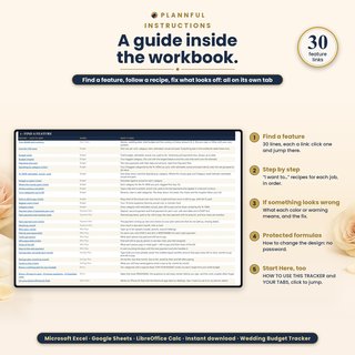 Instructions tab inside the workbook: find any feature in one click with 30 links, step-by-step recipes, what each color or warning means and how to change the design.