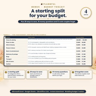 Bonus tab: a starting split for your budget worked out for $50,000, plus 20 ways to save, 10 money questions to ask vendors and 12 costs couples often forget.