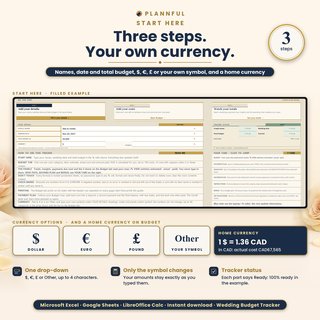 Start Here tab: three steps to get going, your names, wedding date and total budget, currency in dollars, euros, pounds or your own symbol, and a home currency at your own rate.