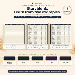 Three workbooks: the BLANK tracker, a filled example with 45 costs and a $50,000 budget, and a large-wedding example with a $110,000 budget, plus the BLANK in five colors: Original, Sage, Teal, Plum and Charcoal.