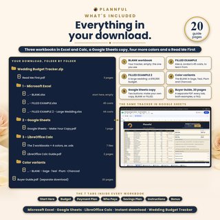 What is included in the download: Read Me First, the Microsoft Excel folder with three workbooks, the Google Sheets folder with copy links, the LibreOffice Calc folder with .ods files and a short Calc Guide, four color variants, and a separate 20-page Buyer Guide, next to a real screenshot of the same tracker open in Google Sheets in a web browser.