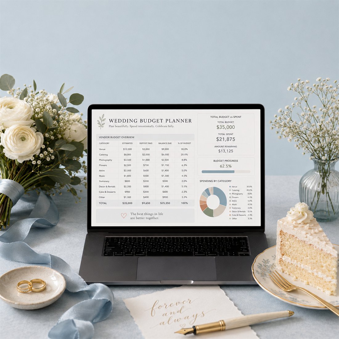Plannful wedding budget spreadsheet on a laptop