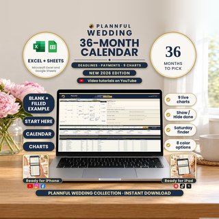 36-Month Wedding Calendar spreadsheet on a laptop with the Calendar tab on screen, shown for Microsoft Excel and Google Sheets with iPhone and iPad, nine live charts and a Show or Hide done switch.