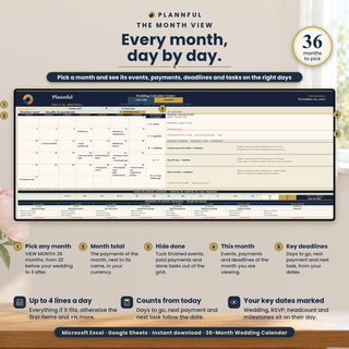 The Calendar tab in October 2027 with a month picker for 36 months, a payments total, a Hide done switch, this month at a glance and key deadlines, each marked with a numbered badge.