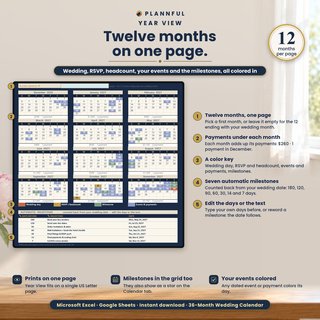 The Year View tab with twelve months on one page, a color key, payment totals under each month and seven automatic milestones counted back from the wedding date.