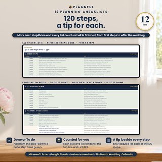 Two of the twelve planning checklists with steps marked Done, a tip beside each step and a count of steps done, 51 of 120 in the example.