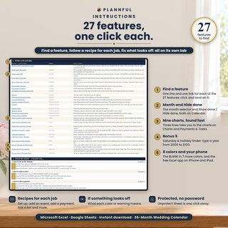 The Instructions tab with its find-a-feature table of 27 features, each with a link, and the first step-by-step recipes, with numbered notes.