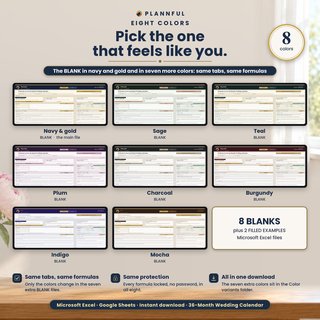 Eight color versions of the BLANK workbook shown as Start Here tabs: navy and gold, Sage, Teal, Plum, Charcoal, Burgundy, Indigo and Mocha.