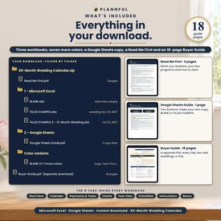 The download contents: the ZIP folder tree with three Excel workbooks, a Google Sheets guide and seven color variants, beside pages from the Read Me First, the Google Sheets Guide and the 18-page Buyer Guide.