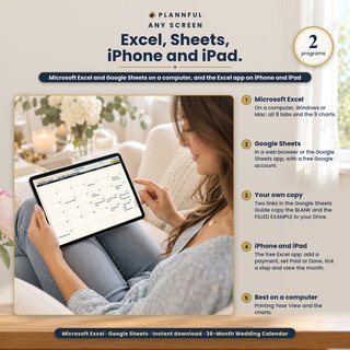 A woman using the calendar on an iPad, with notes on Microsoft Excel, Google Sheets, your own copy, the Excel app on iPhone and iPad, and what works best on a computer.