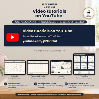 A card for the Plannful YouTube channel reading Video tutorials on YouTube, above the Calendar, Payments & Tasks, Charts and Year View tabs of the calendar.