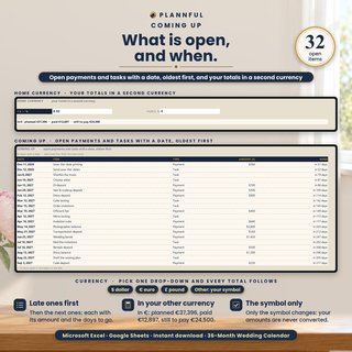 The home currency converter showing totals in euros and the Coming up list of open payments and tasks with their dates, amounts and days to go.
