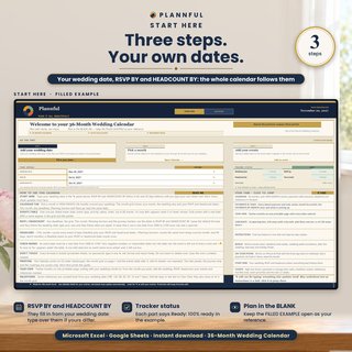 The Start Here tab with three steps to get going, the wedding date, RSVP and headcount dates, tracker status and a guide to every tab.