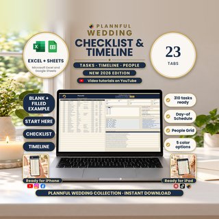 Wedding Checklist & Timeline spreadsheet on a laptop, iPhone and iPad showing the Timeline tab, with 23 tabs and 310 tasks for Microsoft Excel and Google Sheets.