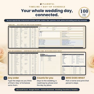 "Your whole wedding day, connected": the Timeline tab above Day-of Schedule, so timeline, people, vendors, rides, speeches, music, photos and wedding week stay connected instead of living in separate documents.