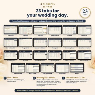 "23 tabs for your wedding day": all 23 tabs in one grid, grouped as Plan (4), Wedding day (12) and Lists and extras (7).