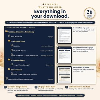 What is in the download: a ZIP with Excel and Google Sheets files, the BLANK and two FILLED EXAMPLES, a 26-page Buyer Guide as a separate PDF and a step-by-step video tutorial on YouTube.