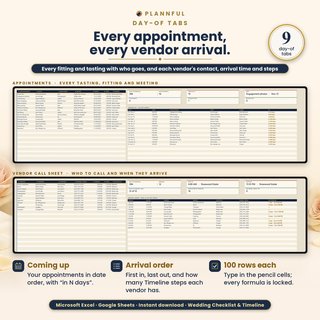 "Every appointment, every vendor arrival": the Appointments tab with a coming-up list, above the Vendor Call Sheet with each vendor's contact, arrival time and Timeline steps.