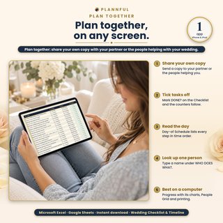 "Plan together": share your own copy with your partner or the people helping with your wedding, shown by a woman on a sofa using an iPad with the Checklist on screen: one app on iPhone and iPad, tick tasks off and look up one person.