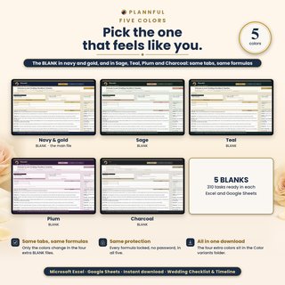 The BLANK planner in five colors: navy and gold, Sage, Teal, Plum and Charcoal, each showing the Start Here tab.