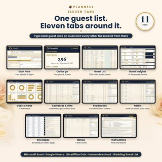 The 11 tabs of the wedding guest list tracker in one grid: Start Here, On the go, Guest List, Guest Insights, Guest Charts, Addresses & Gifts, Food Needs, Hotels, Envelopes, Bonus and Instructions.