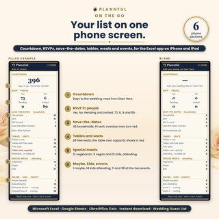 On the go tab on a phone screen, filled and blank, with the countdown, RSVPs in people, save-the-dates by household, tables and free seats, special meals and extra events.