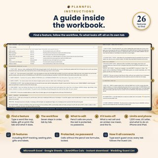 Instructions tab inside the workbook with FIND A FEATURE, the recommended workflow, what to edit, what a red cell or amber row means, and limits, printing and phone tips.