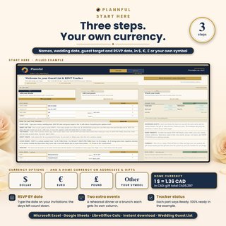 Start Here tab with three steps to get going, your names, wedding date, guest target and RSVP BY date, two extra events, tracker status and a currency choice of dollar, euro, pound or your own symbol.