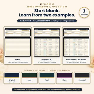Three workbooks side by side, the blank tracker, a filled example with 89 people and a large-wedding example with 242 people, plus the blank in five colors: Original, Sage, Teal, Plum and Charcoal.