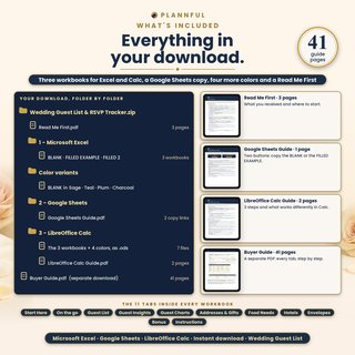 What is included in the download: Read Me First, the Microsoft Excel folder with three workbooks, four color variants, the Google Sheets guide, the LibreOffice Calc folder with .ods files and a separate 41-page Buyer Guide.