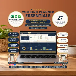 Wedding Planner Essentials on a laptop showing the navy Dashboard, with the title, 27 tabs, a 30-page Buyer Guide, BLANK plus 2 examples, 534 checklist tasks, couple photo, vendor ratings, venue photos, and phone and tablet showing Excel app on iPhone and Excel app on iPad.