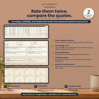Vendors screens with quote, deposit and balance, two ratings per vendor, availability, money still to pay, a compare-quotes table and a photo for each vendor, with a badge for 2 ratings.