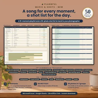 Music and Shots with a 15-moment playlist, a do-not-play list and a photo shot list in groups, with a badge for 50 photos on the list.