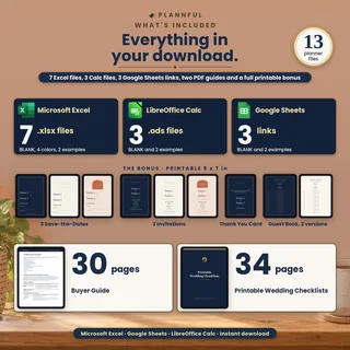 What is in the download: 7 .xlsx files for Microsoft Excel, LibreOffice Calc .ods files, Google Sheets links, a printable 5 x 7 in bonus, a 30-page Buyer Guide and 34 pages of Printable Wedding Checklists, with a badge for 13 planner files.
