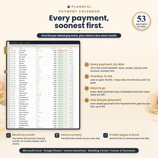 Payment Calendar tab listing 53 vendor payments by date, the first one overdue in red, every other one with the days left, with numbered notes on month-by-month totals, home currency and printing on 2 Letter pages in Excel.