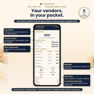 On the go tab on a phone screen: wedding countdown, total quoted $63,230, paid $26,540 and still to pay $36,690, the next 5 payments with the overdue one in red, bookings and pay status, in the Excel app on iPhone and iPad.