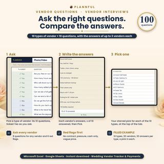 Three steps to choose a wedding vendor: ask the 10 questions for each type on Vendor Questions, write the answers of up to 3 vendors on Vendor Interviews, then see your pick for each of the 10 vendor types.