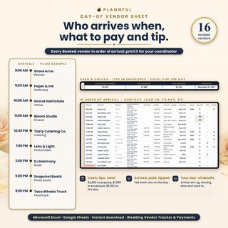 Day-of Vendor Sheet: booked vendors in order of arrival from 9:00 AM, with contact, set-up, load-in, what to pay and tip, plus $3,250 cash and checks to prepare, $1,900 in tip envelopes and $5,150 for the day.