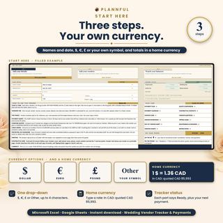 Start Here tab with three steps, your details, tracker status and the list of tabs, plus currency options dollar, euro, pound or your own symbol, and a home currency at your own rate (1 $ = 1.36 CAD in the example).