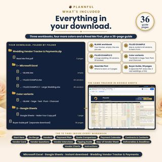 What is in the download: the ZIP with Read Me First, the BLANK, FILLED EXAMPLE and FILLED EXAMPLE 2 workbooks for Microsoft Excel, four color variants of the BLANK, a Google Sheets folder with the one-page Make Your Copy PDF, and the 36-page Buyer Guide as a separate download, next to a real screenshot of the same tracker open in Google Sheets in a web browser.