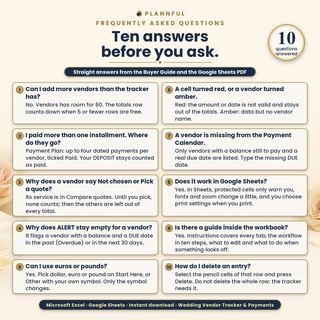 Ten frequently asked questions about the wedding vendor tracker, answered from the Buyer Guide and the Google Sheets PDF: vendor limit, several instalments, Not chosen, alerts, currency, red and amber cells, the payment calendar, Google Sheets, the built-in guide and deleting an entry.